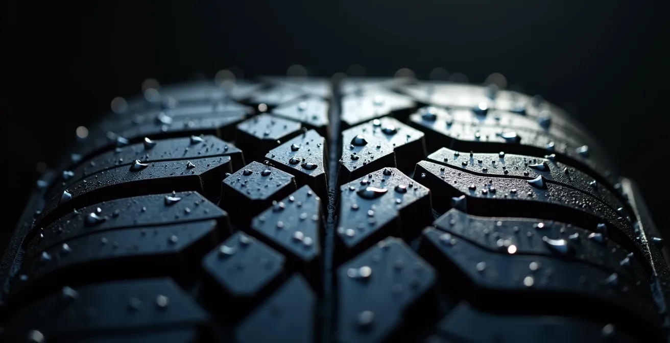 Vue macro détaillée de la sculpture d'un pneu 4 saisons moderne montrant les lamelles complexes