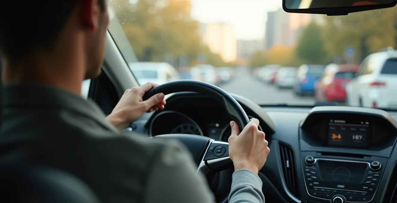 Conducteur souriant au volant en environnement urbain