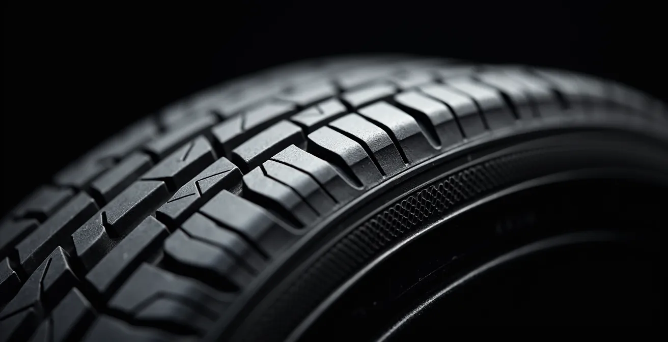 Détail macro du flanc d'un pneu montrant les marquages techniques