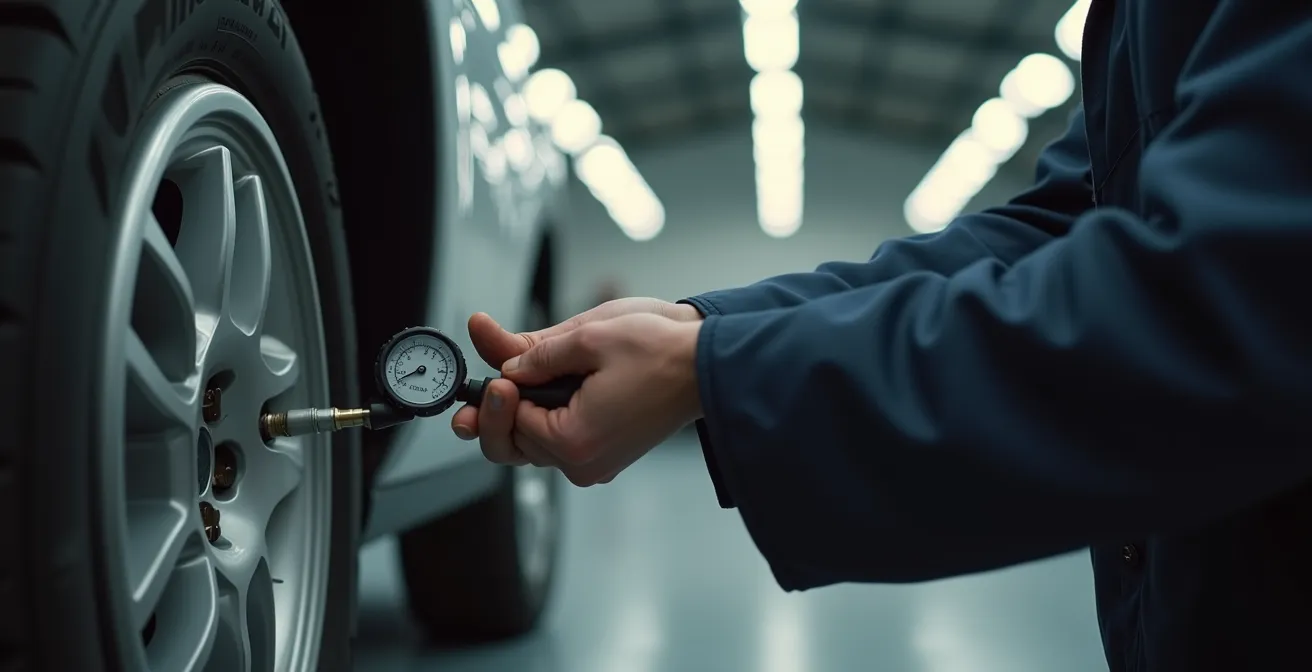 Main vérifiant la pression d'un pneu avec un manomètre professionnel dans un garage moderne
