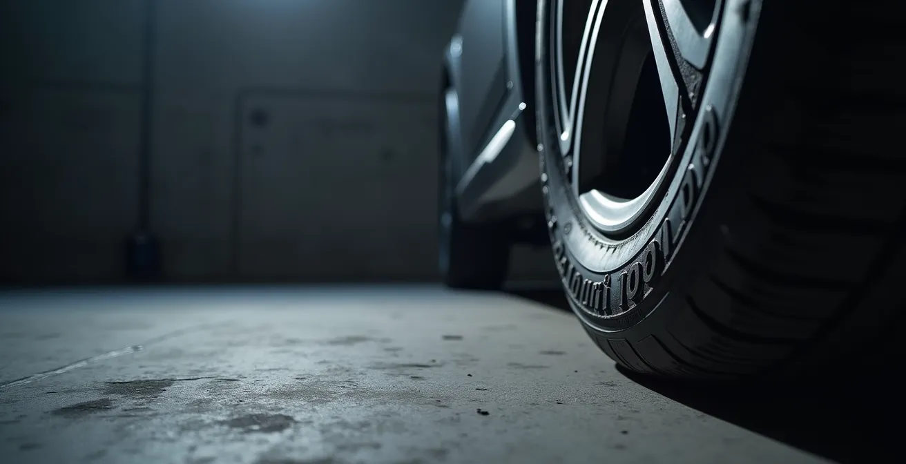 Vue rapprochée du flanc d'un pneu montrant les symboles de certification dans un environnement de garage