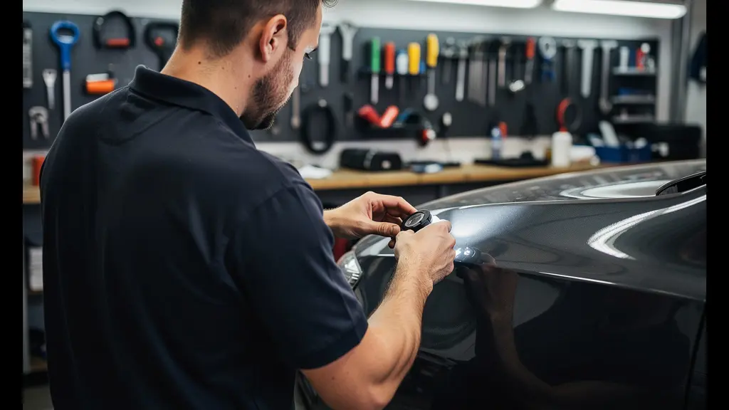 Technicien européen inspectant carrosserie sombre avec lampe inspection dans atelier detailing professionnel