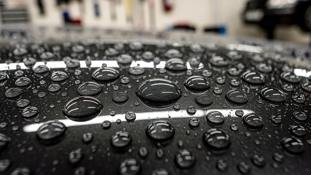 Gouttelettes d'eau rondes sur peinture noire traitée céramique effet hydrophobe