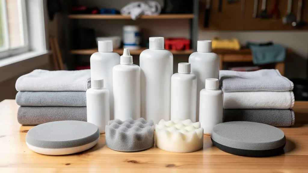 Kit céramique DIY avec flacons et applicateurs sur établi de garage