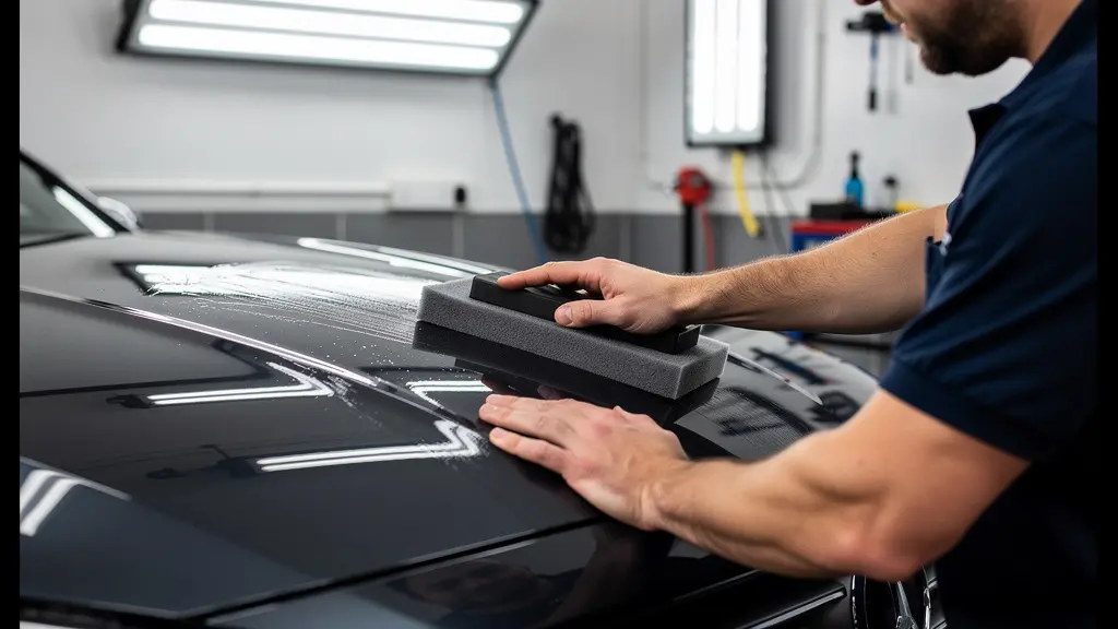 Technicien detailing appliquant céramique sur capot de véhicule en atelier